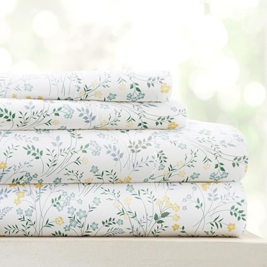 Linen Market DoubleBrushed Patterned Microfiber Full Sheet Set 4 Piece OekoTEX Certified Ultra Soft WrinkleFree 16 Deep Pocket Sheets Easy Care Full Size Wildflower Light Blue