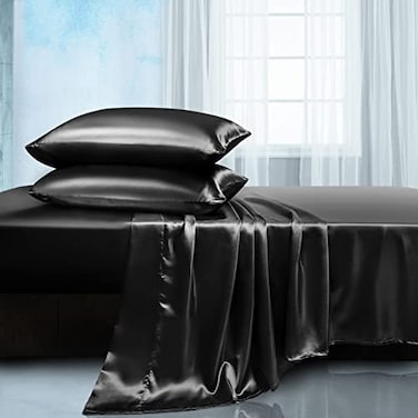 Manyshofu Satin Queen Sheets Set 4 Piece Luxury Bedding Set Cooling Black Satin Sheets 1 Fitted 1 Flat 2 Pillow Cases