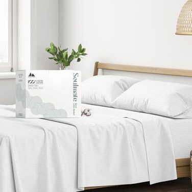 Mayfair Linen 100 Egyptian Cotton King Sheet Set Luxury 500 Series Soulmate Collection Cotton King Size Sheet Set 4 PC White Stripe Silky Soft Cooling 16 Deep Pocket Hotel Quality Sheets