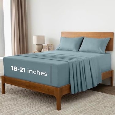 Mellanni Extra Deep Queen Sheets 4 PC Iconic Collection Bedding Hotel Luxury Ultra Soft Cooling Bed Sheets Wrinkle Fade Stain Resistant Queen Spa Blue