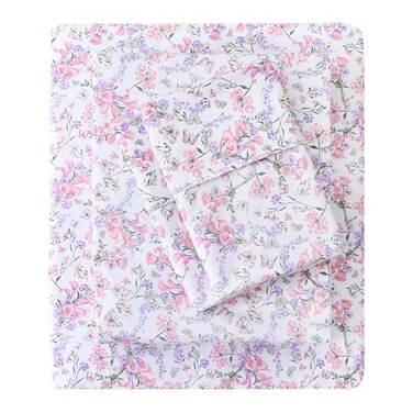 Mooreeke Cozy Vintage Microfiber Printed Queen Sheet Set Soft Breathable Percale Cotton Floral Bed Sheets with Deep Pocket NonSlip Fitted Design Pink Purple Flowers Pattern