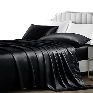 NSGZ Satin Sheets Twin XL 3 Piece Set with Fitted Flat Sheet Pillowcases Cooling Extra Soft Satin Black