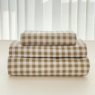 NSNLGSGC Tan Gingham Queen Sheet Set Soft Brushed Microfiber Taupe Plaid Queen Bed Sheets 4Pieces Brown Grid Sheet Set with Deep Pocket
