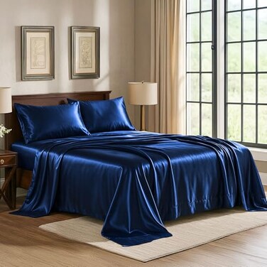 Pure Bedding Satin Sheets King 4Piece Navy Hotel Luxury Silky Bed Sheets Extra Soft 1800 Microfiber Sheet Set Wrinkle Fade Stain Resistant Deep Pocket Fitted Sheet Flat Sheet Pillow Cases