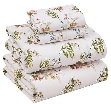 RUVANTI 100 Cotton Percale Sheets King Size Crisp Cooling Bed Sheets for Hot Sleepers Deep Pocket 16 Soft Breathable Durable HotelStyle 4 Piece Set Floral Bliss