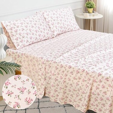 Sleepdown Queen Cotton Percale Bed Linen Set 4Pcs 100 Long Staple Ultra Soft Deep Pocket Breathable Floral Print Includes Fitted Flat Sheets 2 Pillowcases