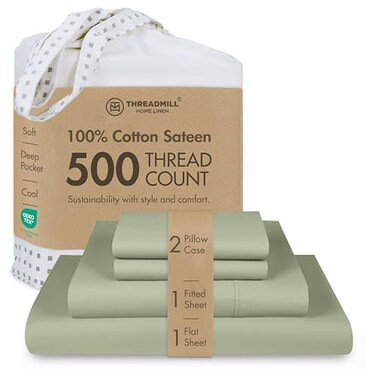 Threadmill 5Star Hotel 500 Thread Count Best Bed Sheets 100 Cotton Sheets Set for Queen Size Bed Smoother Than Egyptian Cotton Claims 4 Pc Set with Deep Pockets Sage Green