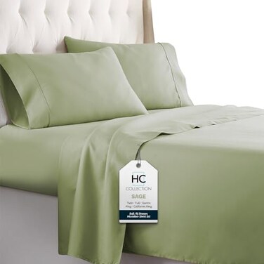 HC COLLECTION Bed Sheets Set Queen with 2 Pillowcases Hotel Luxury Platinum 1800 Series Brushed Microfiber Deep Pocket Fitted Sheet Fade Resistant Ultra Soft 4 Pcs Bedding for Hot Sleepers Sage