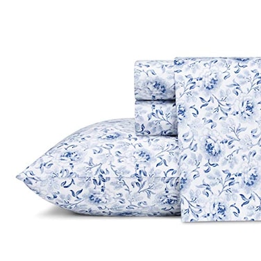 Laura Ashley King Sheets Soft Sateen Cotton Bedding Set Sleek Smooth Breathable Home Decor Lorelei Dark Blue King