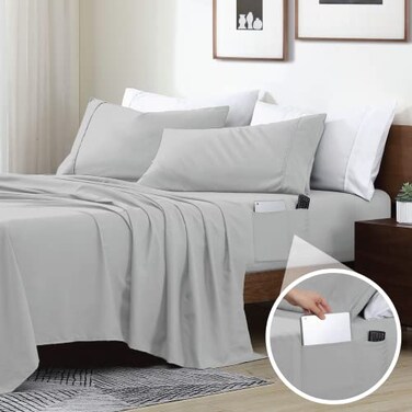 Swift Home Smart Sheets Ultra Soft Brushed Microfiber 3Piece Sheet Set Fitted Bed Sheet with Side Storage Pockets Silver Twin XL