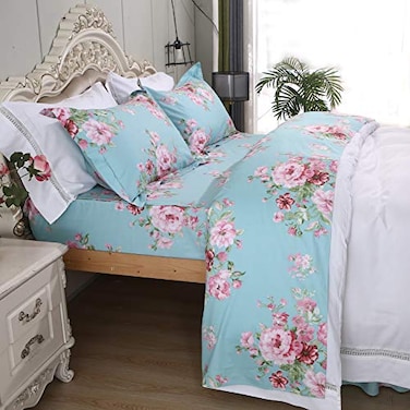 FADFAY Shabby Pink Floral Bed Sheet Set 100 Cotton Deep Pocket 4Piece Twin Size
