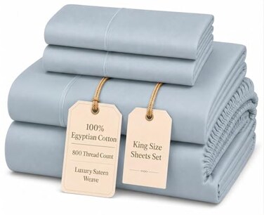 CHATEAU HOME 100 Egyptian Cotton Sheets For King Size Bed 800 Thread Count Sateen Weave 15 Deep Pocket King Sheet Set Sheet Pillowcase Sets No Pill Soft Comfy Naturally Cool Breathable French Blue