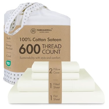 Threadmill 100 Cotton Sheets for King Size Bed 600 Thread Count King Bed Sheets Set with 16 Deep Pocket Sateen Weave 4Piece Bedding Set with Cooling Effect Ivory