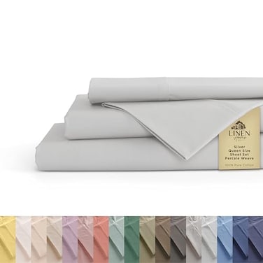Linen Home 100 Cotton Percale Sheets Queen Size Silver Deep Pocket 4 Pieces Set 1 Flat 1 Deep Pocket Fitted Sheet and 2 Pillowcases Crisp Cool and Strong Bed Linen