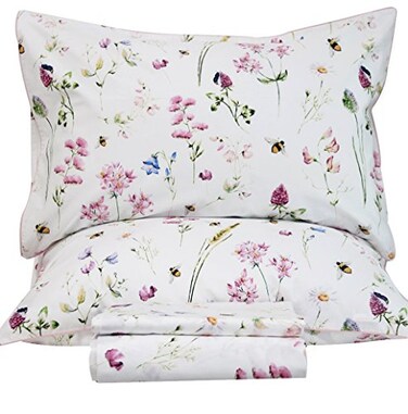 QSH Floral Bed Sheets Set King Size Shabby Flower Bee Print Bed Sheet Set Extra Soft and Breathable 100 Egyptian Cotton 4 pcs King Size Sheets with Deep Pockets Flower Bed Sheets