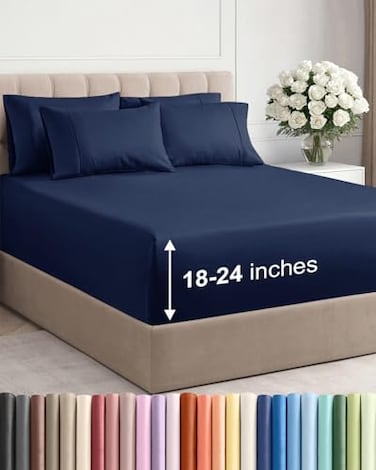 CGK Unlimited Extra Deep Cal King Sheet Set 6 Piece Breathable and Cooling Sheets Hotel Luxury Bedding for Women Men Kids Teens Easy Secure Fit Soft and Wrinkle Free Extra Deep Pockets Navy Blue