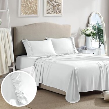 Swift Home UltraSoft Elegant 2inch Ruffled Hem Design on Flat Sheet and Pillowcases Wrinkle Resistant Fade Resistant Deep Pocket Double Brushed 4Piece Microfiber Sheet Set Queen White