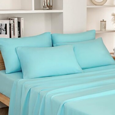 HOMEIDEAS Full Size Bed Sheets 6 Piece Set Aqua Blue Extra Soft Brushed Microfiber 1800 Bedding Sheets Deep Pocket Wrinkle Fade Free