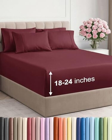CGK Unlimited Extra Deep King Sheet Set 6 Piece Breathable and Cooling Sheets Hotel Luxury Bedding for Women Men Kids Teens Easy Secure Fit Soft Wrinkle Free and Comfy Extra Deep Pockets Burgundy