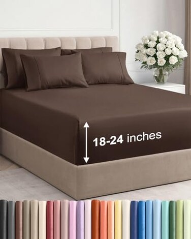 CGK Unlimited Extra Deep Queen Sheet Set 6 Piece Breathable and Cooling Sheets Hotel Luxury Bedding for Women Men Kids Teens Easy Secure Fit Soft Wrinkle Free and Comfy Extra Deep Pockets Brown