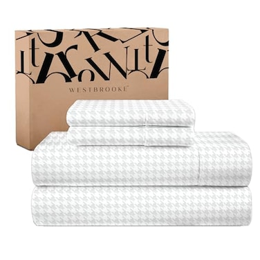 Westbrooke 500 Thread Count Jacquard 100 Long Staple Cotton Queen Sheet Set Soft Breathable Sateen Weave 4 Piece Bedding with Deep Pocket Fitted Sheet White