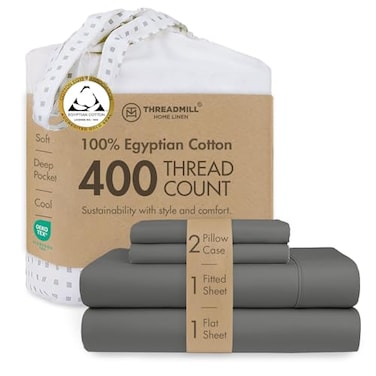 Threadmill Egyptian Cotton Queen Sheet Set 100 Certified Egyptian Cotton Sheets for Queen Size Bed Snug Fit Deep Pocket Queen Bed Sheets Set Soft Cooling Sateen Bedding Set Dark Grey