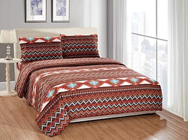Rugs 4 Less Rustic Southwestern Western Bedsheets Set with Navajo Tribal Native American Patterns in Turquoise Blue and Brown Utah Bed Sheet Set King Brown