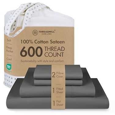 Threadmill 100 Cotton Sheets for Cal King Size Bed 600 Thread Count Cal King Bed Sheets Set with 16 Deep Pocket Sateen Weave 4Piece Bedding Set with Cooling Effect Dark Grey