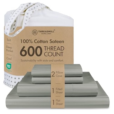 Threadmill 100 Cotton Sheets for King Size Bed 600 Thread Count King Bed Sheets Set with 16 Deep Pocket Damask Stripe Sateen Weave 4Piece Bedding Set with Cooling Effect Moonrock Grey