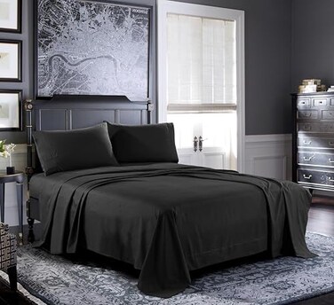 Pure Bedding Bed Sheets Full Sheet Set 4Piece Black Hotel Luxury 1800 Brushed Microfiber Soft and Breathable Deep Pocket Fitted Sheet Flat Sheet Pillow Cases