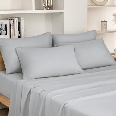 HOMEIDEAS Full Size Bed Sheets 6 Piece Set Light Grey Extra Soft Brushed Microfiber 1800 Bedding Sheets Deep Pocket Wrinkle Fade Free