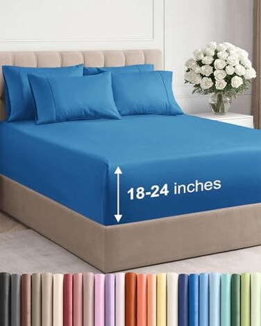 CGK Unlimited Extra Deep King Sheet Set 6 Piece Breathable and Cooling Sheets Hotel Luxury Bedding for Women Men Kids Teens Easy Secure Fit Soft Wrinkle Free Comfy Extra Deep Pockets Denim Blue