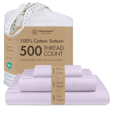 Threadmill 500 Thread Count Twin Size Damask Stripe 3 Pc Luxury Cotton Sheet Set Breathable Silky Soft Lilac Sheets with 15 Elasticized Deep Pocket 1 Pillowcase Free Tote Bag