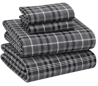 RUVANTI Flannel Sheets Queen Size 100 Cotton Double Brushed Bed Sheets Deep Pockets 16 Inches Queen Sheet Set All Seasons Breathable Extra Soft Warm Cozy 4 Piece Grey Plaid