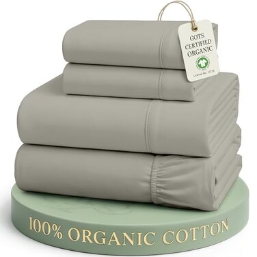 LANE LINEN 100 Organic Cotton Mercerized Queen Sheets Soft Comfy Naturally Cooling Cotton Sheets Queen Size Set Classic Percale Weave Low Pill Fade Resistant Queen Bed Sheets Silver
