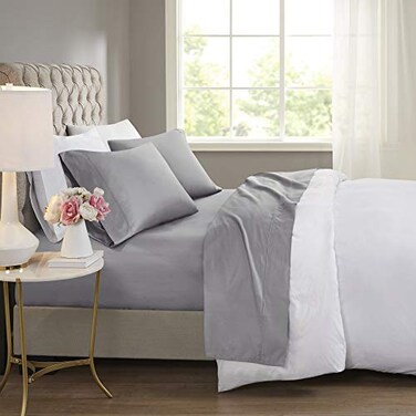 Madison Park 600 TC Cooling Cotton Blend Solid Sheet 16 Inch Deep Pocket All Season Soft BeddingSet Matching Pillow Case Queen Grey 4 Piece