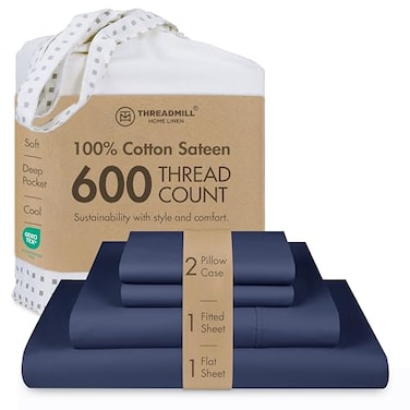 Threadmill 100 Cotton Sheets for King Size Bed 600 Thread Count King Bed Sheets Set with 16 Deep Pocket Sateen Weave 4Piece Bedding Set with Cooling Effect Folkstone Blue