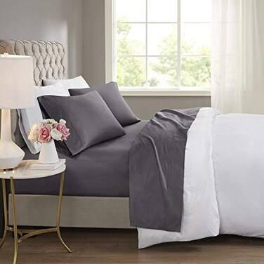 Madison Park 600 TC Cooling Cotton Blend Solid Bed Sheet Set with 16 Inch Deep Pocket Hypoallergenic All Season Soft BeddingSet Matching Pillow Case King Charcoal 4 Piece