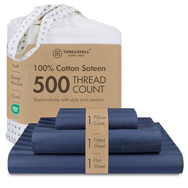 Threadmill 500 Thread Count Twin Size Damask Stripe 3 Pc Luxury Cotton Bedding Set Breathable Folkstone Blue Sheets with 15 Elasticized Deep Pocket 1 Pillowcase Free Tote Bag