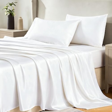 CozyLux Satin Sheets Full Size Sheets Silky Soft Bedding Similar to Silk 4 Piece Sheet Set for Hair and Skin Deep Pocket with AllAround Elastic Home Decor for Bedroom White