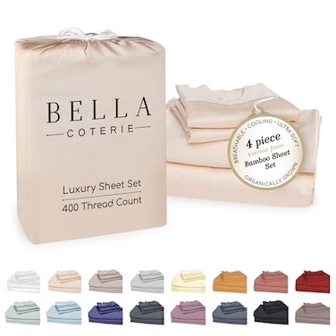 BC BELLA Bella Coterie Luxury Bamboo Viscose Queen Size Sheet Set 100 Organically Grown Ultra Soft Cooling for Hot Sleepers 18 Deep Pocket Champagne