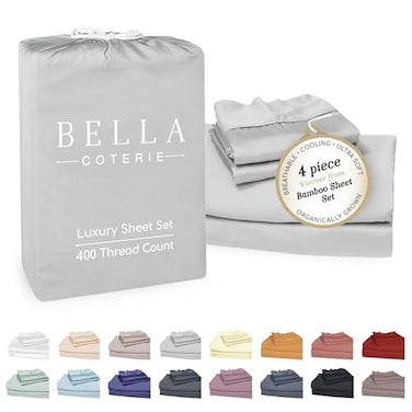 BC BELLA Bella Coterie Luxury Bamboo Viscose Cal King Size Sheet Set 100 Organically Grown Ultra Soft Cooling for Hot Sleepers 18 Deep Pocket Grey Mist
