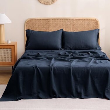 S VICTORY SYMBOL 100 Organic Linen Sheets SetFrench Natural Flax Bedding Ultra Soft Luxurious Stone Washed 4 Pieces Bed Sheet SetNavyQueen