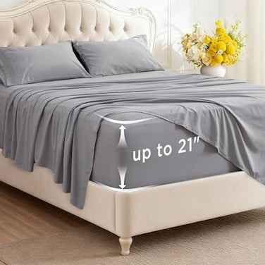 Bedsure Deep Pocket King Sheet Set Fits Mattresses Up to 21 Inches Thick 4 Piece GentleSoft Bed Sheets Moisture Wicking Soft Cooling Bedsheet Pillowcases Easy Secure Fit Light Grey