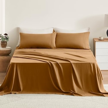 TOSMO Pure Linen Sheets Set 100 French Natural Linen Flax Bedding 4pc Set Queen 1 Flat Sheet 1 Fitted Sheet 2 Pillowcases Butternut