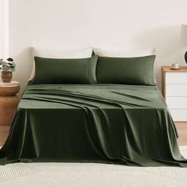 TOSMO Pure Linen Sheets Set 100 French Natural Linen Flax Bedding 4pc Set Queen 1 Flat Sheet 1 Fitted Sheet 2 Pillowcases Forest Green