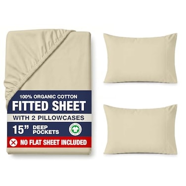 LANE LINEN Queen Fitted Sheet Set No Flat Sheet 100 Organic Cotton Soft Breathable Percale Weave Fitted Sheet Set for Added Comfort 15 Deep Pocket for Snug Fit GOTS Certified Linen