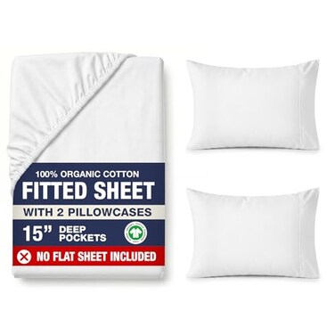 LANE LINEN Fitted Sheet Full Size 100 Organic Cotton 3Piece Set 1 Fitted Sheet 2 Pillowcases Percale Weave Bed Fitted Sheets Breathable Fits Mattress Upto 15 Deep White No Flat Sheet