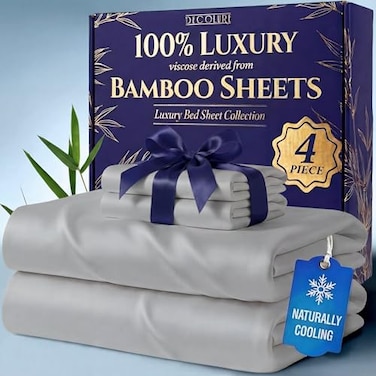 DECOLURE 100 Viscose Derived from Bamboo Sheets Full Size Luxury 4 Pc Naturally Cooling Sheets Ultra Soft Bed Set Deep 17 Pockets Durable Double Stitching Oeko Tex Standard Light Grey