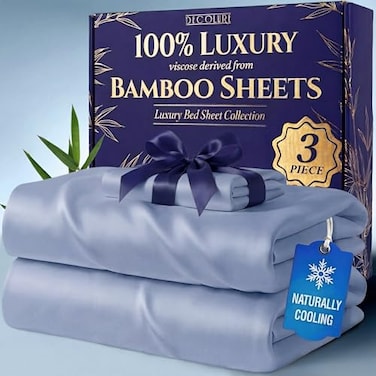 DECOLURE 100 Viscose Derived from Bamboo Sheets Twin Size Luxury 3 Pc Naturally Cooling Sheets Ultra Soft Bed Set Deep 17 Pockets Durable Double Stitching Oeko Tex Standard Light Blue